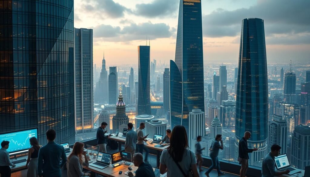 A futuristic cityscape with soaring skyscrapers and gleaming glass facades. In the foreground, a creative workspace bustles with activity - a team of diverse individuals, immersed in virtual interfaces, collaborative tools, and data visualizations. Soft, ambient lighting casts a warm glow, complemented by the vibrant hues of digital displays. In the background, a sprawling metropolis stretches out, hinting at the endless possibilities of AI-driven content creation and monetization. The scene conveys a sense of innovation, productivity, and the seamless integration of human and artificial intelligence.