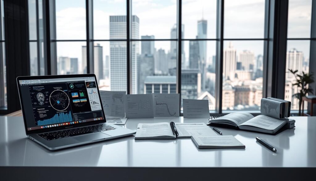 A sleek, modern AI project portfolio displayed on a clean, minimalist desk setup. In the foreground, a high-resolution rendering of various AI models, algorithms, and data visualizations, all showcased on a state-of-the-art laptop and tablet. The middle ground features a strategically arranged array of research papers, prototype sketches, and coding notebooks, conveying a sense of active, collaborative work. The background is a softly lit, high-tech office space with large windows overlooking a dynamic city skyline, suggesting the scale and ambition of the AI project. Overall, the image projects a tone of innovation, professionalism, and the promise of future growth and success in the world of AI-driven business.