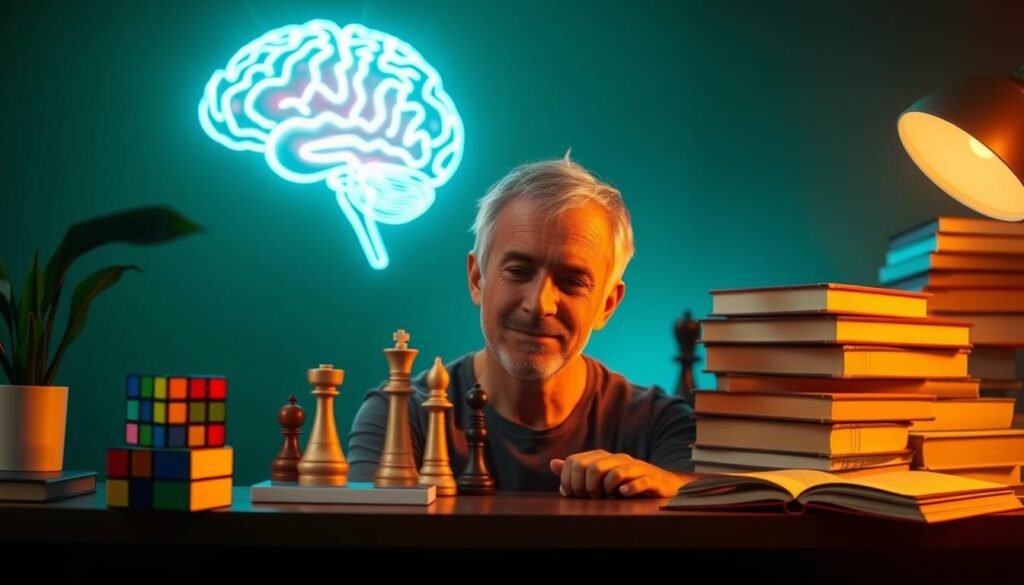 A vibrant and energetic scene depicting brain health and exercise. In the foreground, a person engages in a focused mental exercise, their face alight with concentration. The middle ground features various cognitive stimulation activities, such as a Rubik's cube, a chess board, and a stack of books. In the background, a stylized representation of the human brain is illuminated, glowing with neural activity. The lighting is warm and inviting, creating a sense of mental vitality and well-being. The overall composition conveys the importance of combining physical and cognitive exercise for optimal brain health and cognitive aging.
