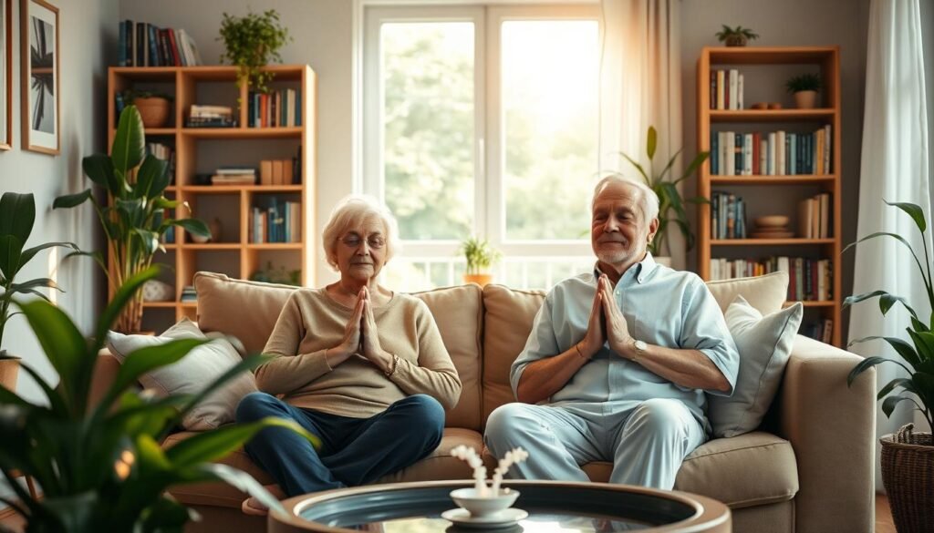 Soft, warm lighting illuminates a cozy living room where an elderly couple sits on a plush sofa, engaged in meditative breathing exercises. In the middle ground, they are surrounded by soothing houseplants and a tranquil water feature, creating a calming atmosphere. In the background, a bookshelf filled with self-help titles and a window offering a serene outdoor view. The couple's expressions are peaceful, conveying a sense of inner balance and stress relief through mindfulness practices tailored for older adults.