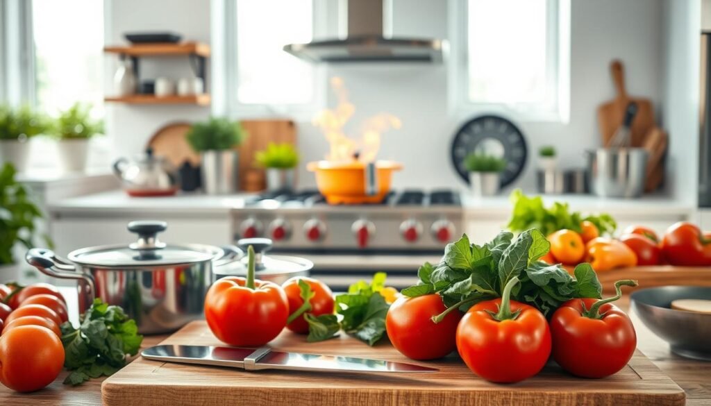A bright, airy kitchen filled with an array of cooking essentials. In the foreground, a wooden cutting board showcases a selection of fresh, vibrant vegetables - tomatoes, bell peppers, and leafy greens. Surrounding them, stainless steel pots and pans, a sharp chef's knife, and a sturdy mixing bowl create a sense of culinary preparedness. The middle ground features a modern gas stove, its flames dancing beneath a simmering pot, while a sleek, chrome kitchen timer keeps a watchful eye on the proceedings. In the background, natural light streams through large windows, casting a warm, inviting glow over the entire scene, evoking a sense of efficiency and effortless mastery of quick, healthy cooking techniques.