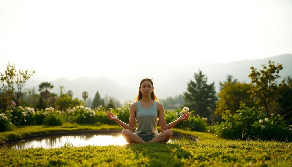 A serene landscape with a person sitting in a peaceful meditative pose, surrounded by a calming atmosphere. The foreground features the person, their eyes closed and their expression radiating tranquility. The middle ground showcases a lush, verdant garden with blooming flowers and a tranquil pond reflecting the sky. The background depicts a mountain range bathed in warm, diffused sunlight, creating a sense of harmony and balance. The lighting is soft and diffused, creating a soothing, introspective mood. The camera angle is slightly elevated, allowing for a panoramic view that captures the holistic essence of emotional wellbeing and mental clarity.