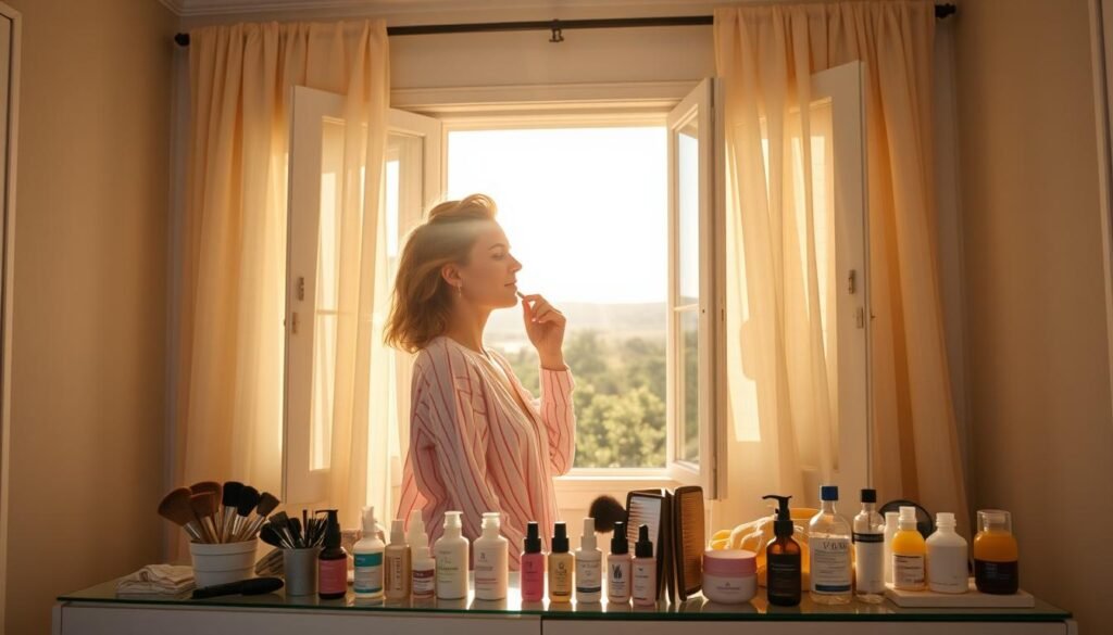 A sun-drenched bedroom, bathed in warm, golden light. In the foreground, a person stands before a vanity, their morning routine reversed - hair carefully styled, face made up, but still dressed in pajamas. The middle ground showcases an array of personal care items, from brushes and combs to serums and lotions, all neatly arranged in an unorthodox manner. The background reveals an open window, offering a glimpse of a tranquil outdoor scene, hinting at the freedom and fresh perspectives that can emerge from breaking out of the usual routine. The overall mood is one of playful experimentation and a sense of liberation from the constraints of a rigid schedule.