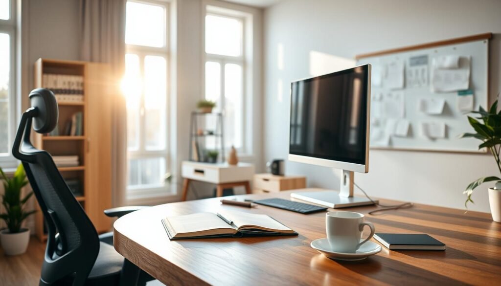 A well-lit and organized home office, with a large wooden desk, a comfortable ergonomic chair, and a large computer monitor. On the desk, an open notebook, a pen, and a cup of coffee. In the background, a neatly arranged bookshelf and a wall-mounted whiteboard. Soft, natural lighting filters through large windows, casting a warm glow throughout the space. The overall atmosphere is one of focus, productivity, and intentionality, reflecting the mindset of a successful individual meticulously planning their day.
