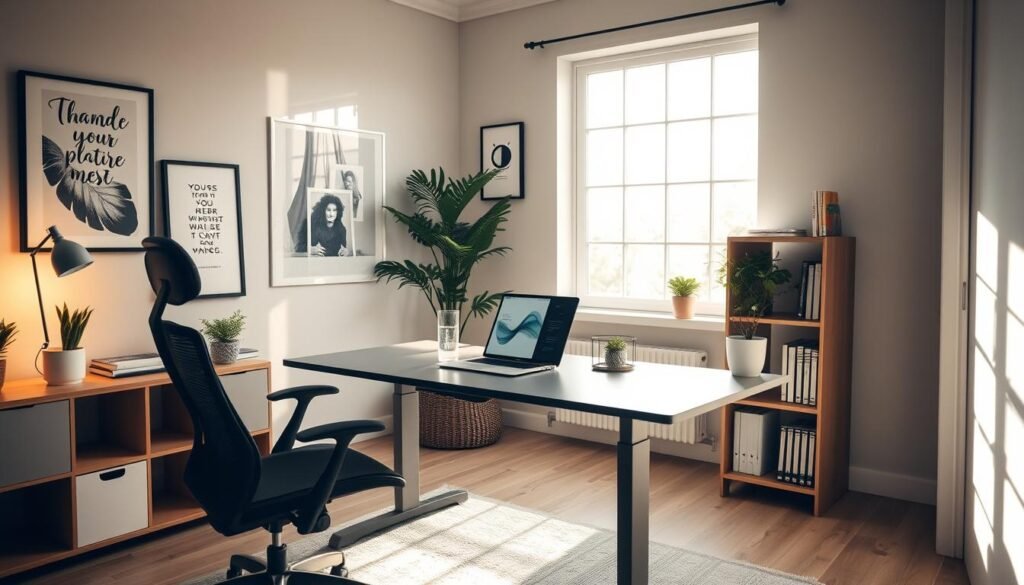 A well-organized home office with an ergonomic desk, a comfortable chair, and ample natural light streaming through large windows. On the desk, a laptop, a glass of water, and a potted plant, symbolizing a balanced and productive morning routine. The walls are adorned with inspirational artwork, and a minimalist bookshelf stands in the corner, conveying a sense of order and focus. The lighting is soft and warm, creating a serene and inviting atmosphere. The scene captures the essence of an optimized morning routine, where efficiency, mindfulness, and personal growth converge.